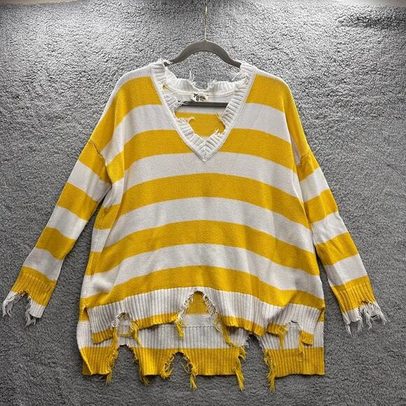 Show Me Your Mumu Small Sweater‎ Yellow and White Raw Hem V-Neck Boxy - Picture 1 of 8